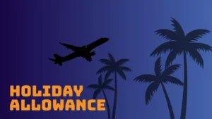 A silhouette of an airplane flying over palm trees with the text "HOLIDAY ALLOWANCE" in bold orange.