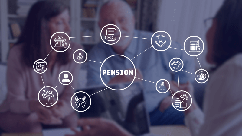 A group discussing pension plans, surrounded by icons representing related concepts like finance, retirement, and support services.